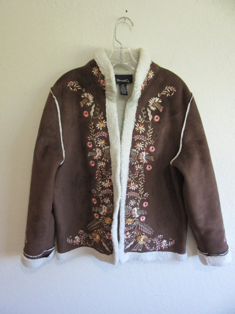 Denim & Co Brown Faux Suede Embroidered L Floral Pattern Fleece Interior Jacket - Picture 1 of 3